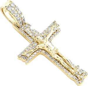 1 Ctw Round Cut D/VVS1 Moissanite 14K Yellow Gold Plated .925 Silver Jesus Crucifix Cross Pendant 1.75" For Men's
