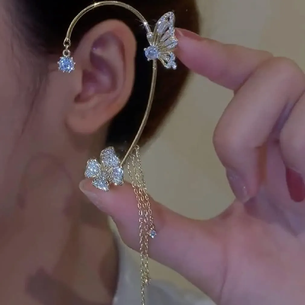 1 Pair Women's Ear Cuffs Zircon Flower Butterfly No Piercing Ear Clip Tassel Long Earrings Silver Wrap Crawler Earrings Butterfly Ear Clip Fake Earrings