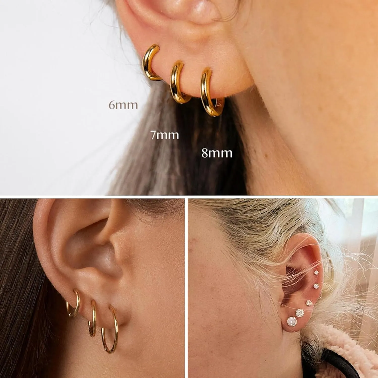 10 Pairs Earring Sets for Multiple Piercing 14K Gold Plated Studs Earrings and Hoops Set Hypoallergenic Small Hoop CZ Stud Earing for Women Men