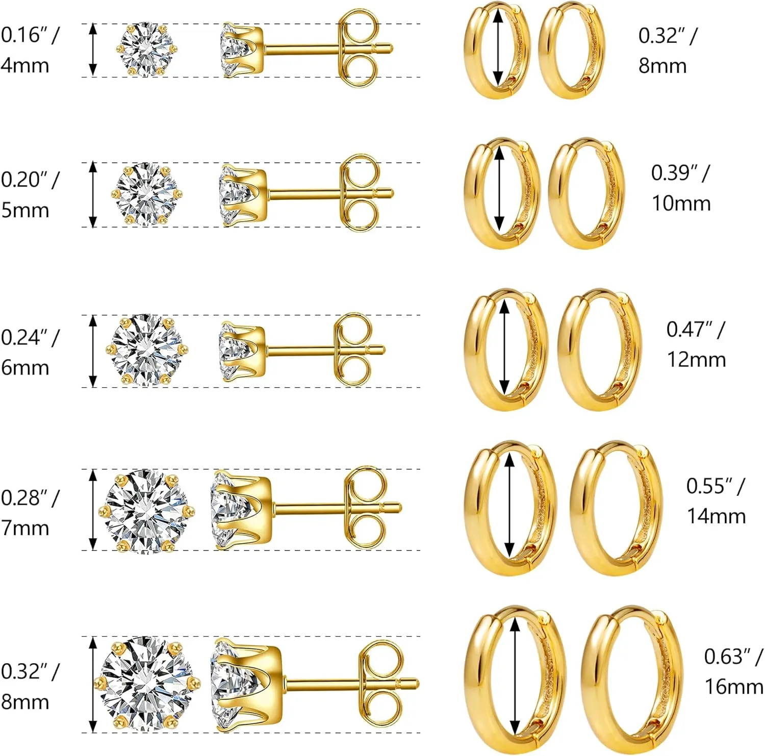 10 Pairs Earring Sets for Multiple Piercing 14K Gold Plated Studs Earrings and Hoops Set Hypoallergenic Small Hoop CZ Stud Earing for Women Men