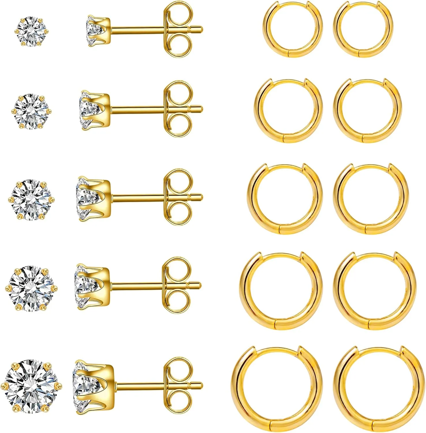 10 Pairs Earring Sets for Multiple Piercing 14K Gold Plated Studs Earrings and Hoops Set Hypoallergenic Small Hoop CZ Stud Earing for Women Men