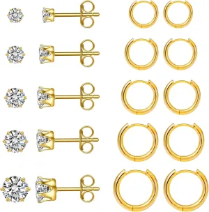 10 Pairs Earring Sets for Multiple Piercing 14K Gold Plated Studs Earrings and Hoops Set Hypoallergenic Small Hoop CZ Stud Earing for Women Men
