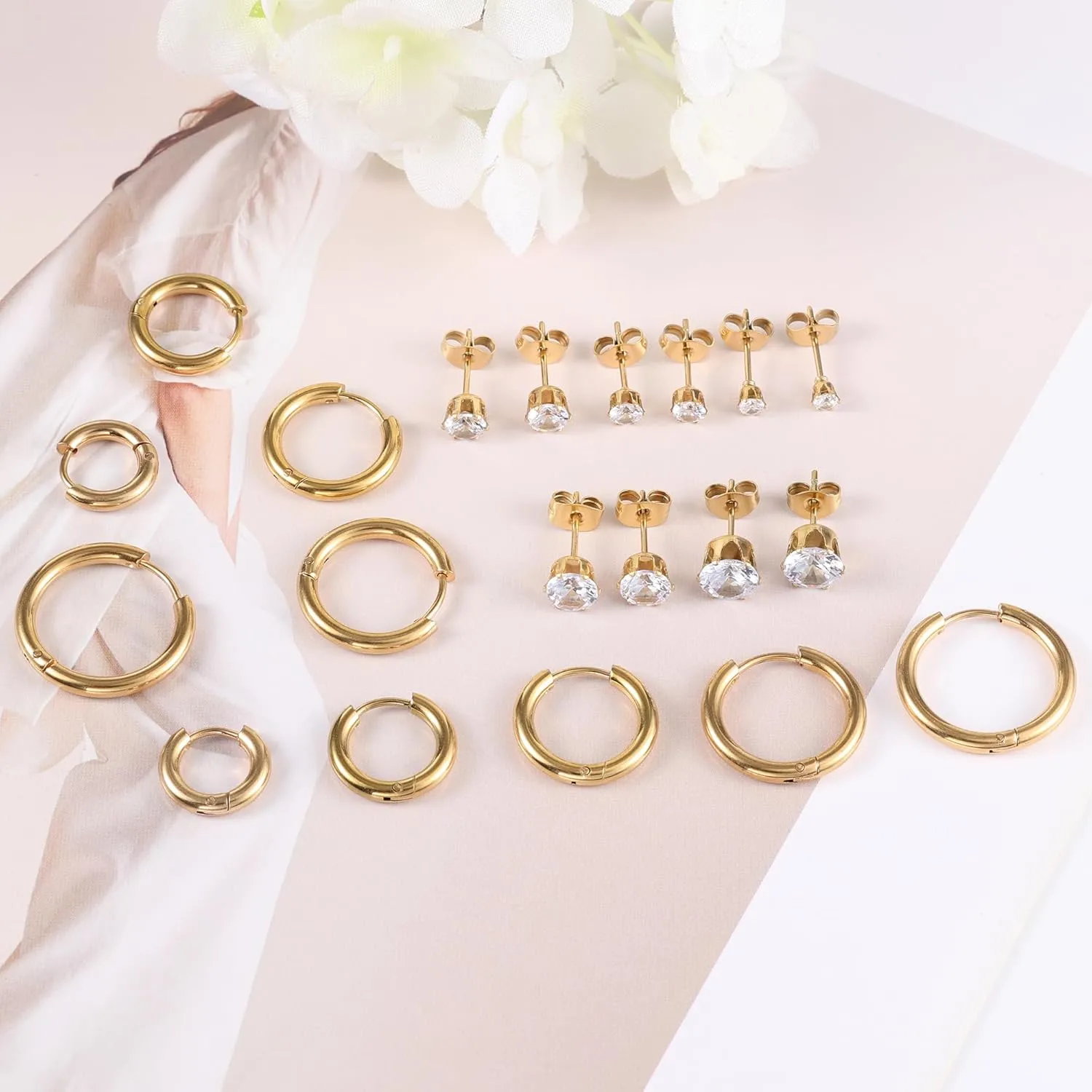 10 Pairs Earring Sets for Multiple Piercing 14K Gold Plated Studs Earrings and Hoops Set Hypoallergenic Small Hoop CZ Stud Earing for Women Men