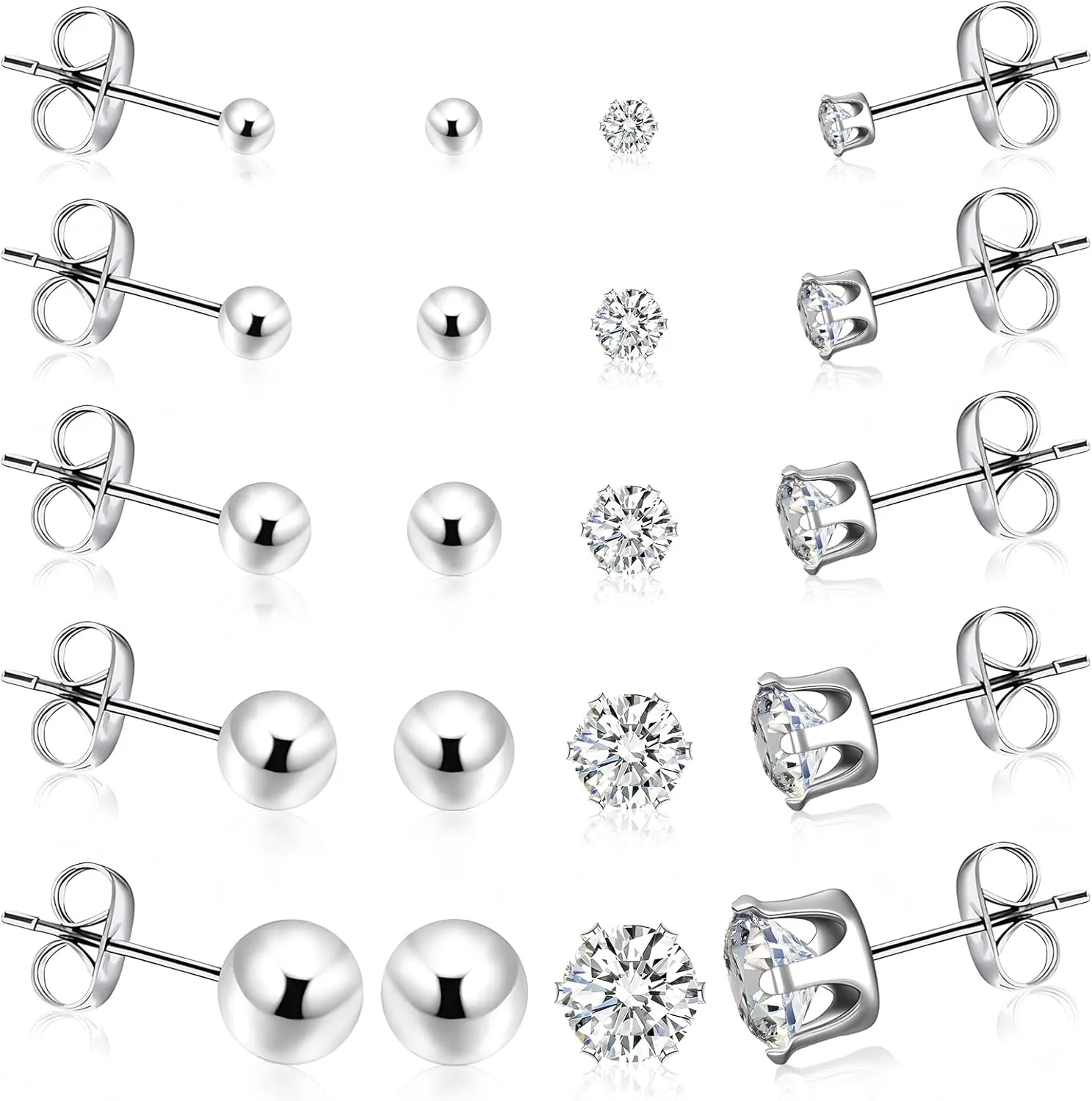 10 Pairs Surgical Stainless Steel Stud Earrings Set for Women Men Hypoallergenic Cubic Zirconia and Ball Earrings Studs for Multiple Piercing
