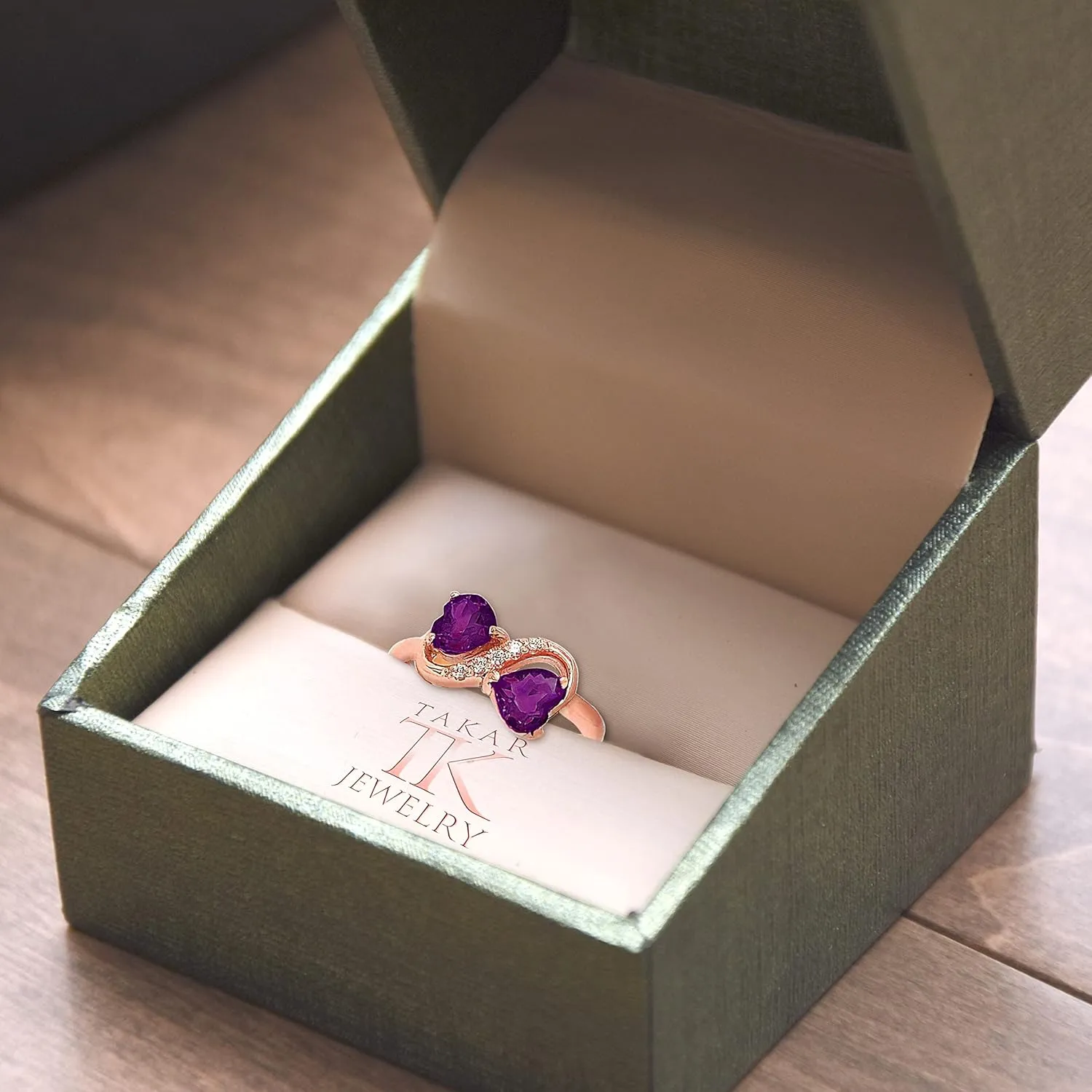 10k Gold Heart-Shaped Amethyst And Diamond Infinity Ring, February Birthstone Rings For Women, Gold Promise Ring And Engagement Rings For Women, Made In USA