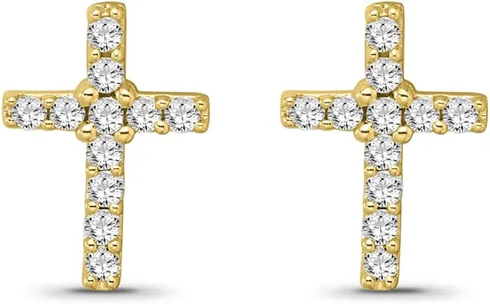 10k Gold or Silver Diamond Cross Push back Stud Earrings (1/4 cttw, I-J Color, I2-I3 Clarity)
