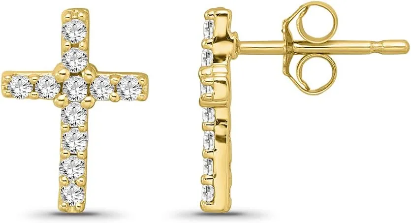 10k Gold or Silver Diamond Cross Push back Stud Earrings (1/4 cttw, I-J Color, I2-I3 Clarity)