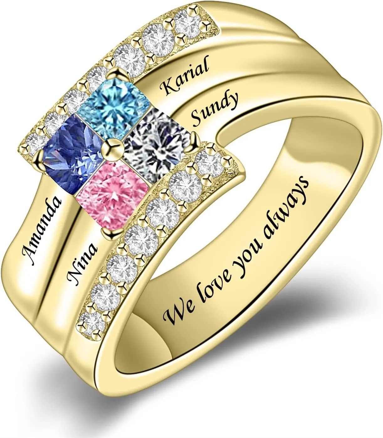 10K/14K/18K Gold Natural Diamond Name Rings with 2-6 Birthstone Family Jewelry Mom Gifts for Women Gifts for Mother's Day Ring