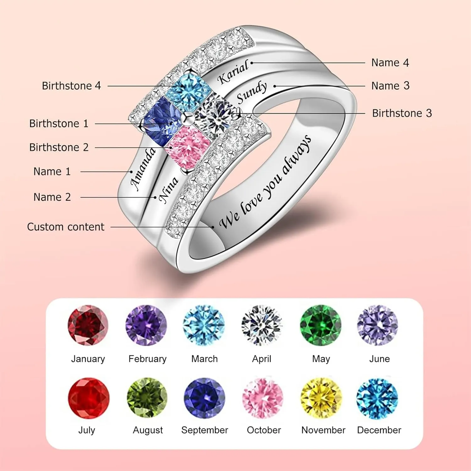 10K/14K/18K Gold Natural Diamond Name Rings with 2-6 Birthstone Family Jewelry Mom Gifts for Women Gifts for Mother's Day Ring