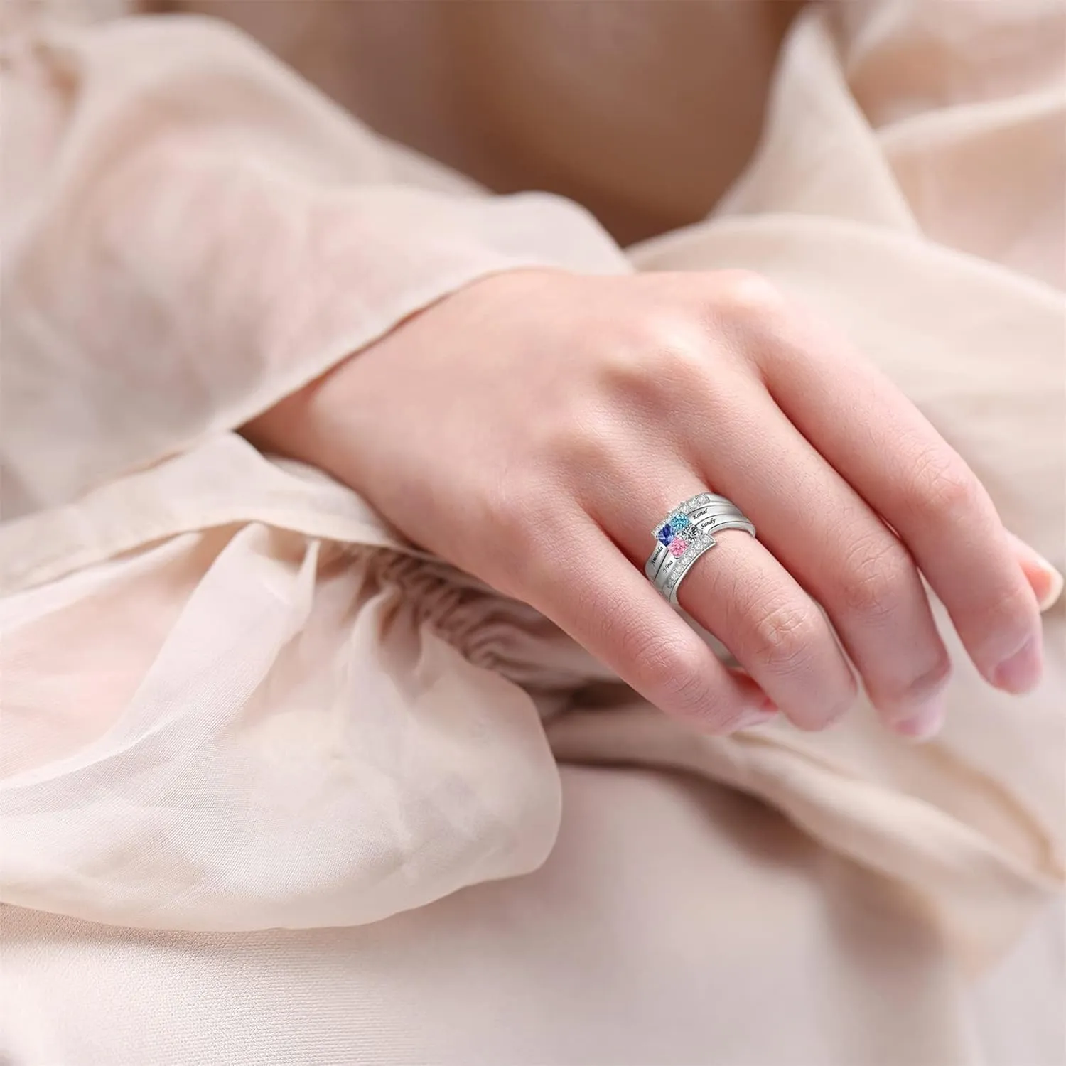 10K/14K/18K Gold Natural Diamond Name Rings with 2-6 Birthstone Family Jewelry Mom Gifts for Women Gifts for Mother's Day Ring
