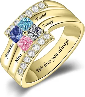 10K/14K/18K Gold Natural Diamond Name Rings with 2-6 Birthstone Family Jewelry Mom Gifts for Women Gifts for Mother's Day Ring