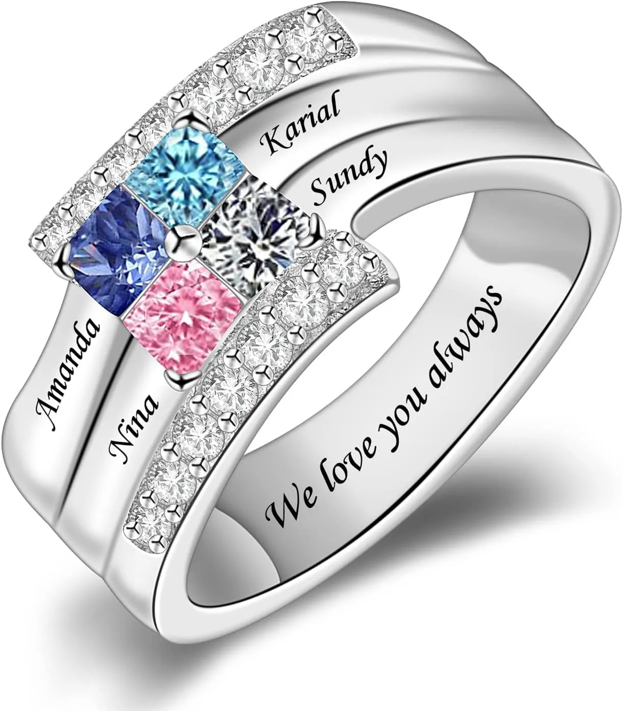 10K/14K/18K Gold Natural Diamond Name Rings with 2-6 Birthstone Family Jewelry Mom Gifts for Women Gifts for Mother's Day Ring