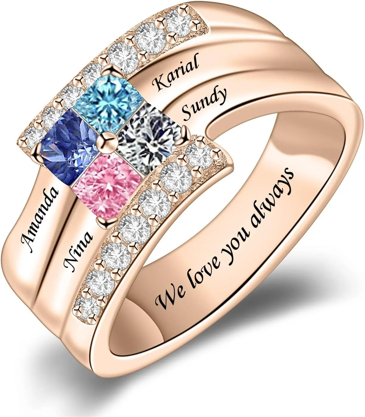 10K/14K/18K Gold Natural Diamond Name Rings with 2-6 Birthstone Family Jewelry Mom Gifts for Women Gifts for Mother's Day Ring
