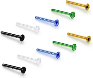 10pcs Glass Body Piercing Studs Retainers Set with O-Rings for Work, Sports, Surgery, Hypoallergenic, 18g/16g Flat Top Nose Studs for Nose, Ear, Lip, Tragus, Helix, Cartilage
