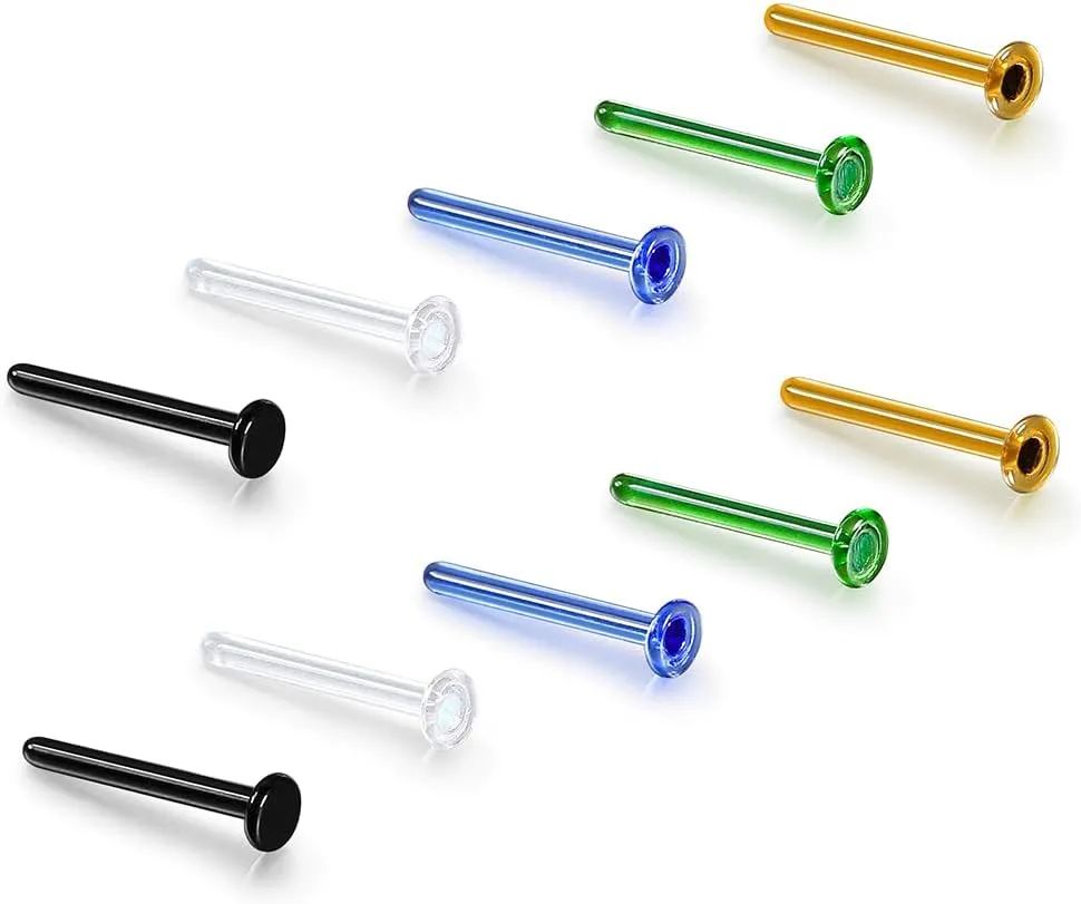 10pcs Glass Body Piercing Studs Retainers Set with O-Rings for Work, Sports, Surgery, Hypoallergenic, 18g/16g Flat Top Nose Studs for Nose, Ear, Lip, Tragus, Helix, Cartilage