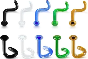 10Pcs Glass Nose Studs Retainers Set, Flat Top Nose Screw Style for Work, Surgery, MRIs, CT, Hypoallergenic, 18g/16g, 7mm Bar Length, 5 Colors