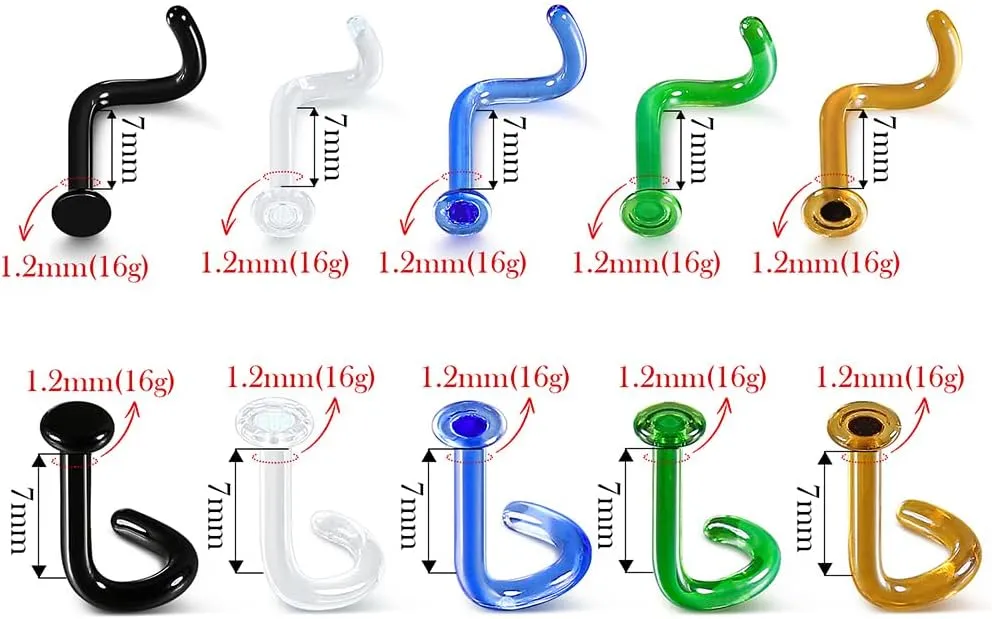 10Pcs Glass Nose Studs Retainers Set, Flat Top Nose Screw Style for Work, Surgery, MRIs, CT, Hypoallergenic, 18g/16g, 7mm Bar Length, 5 Colors