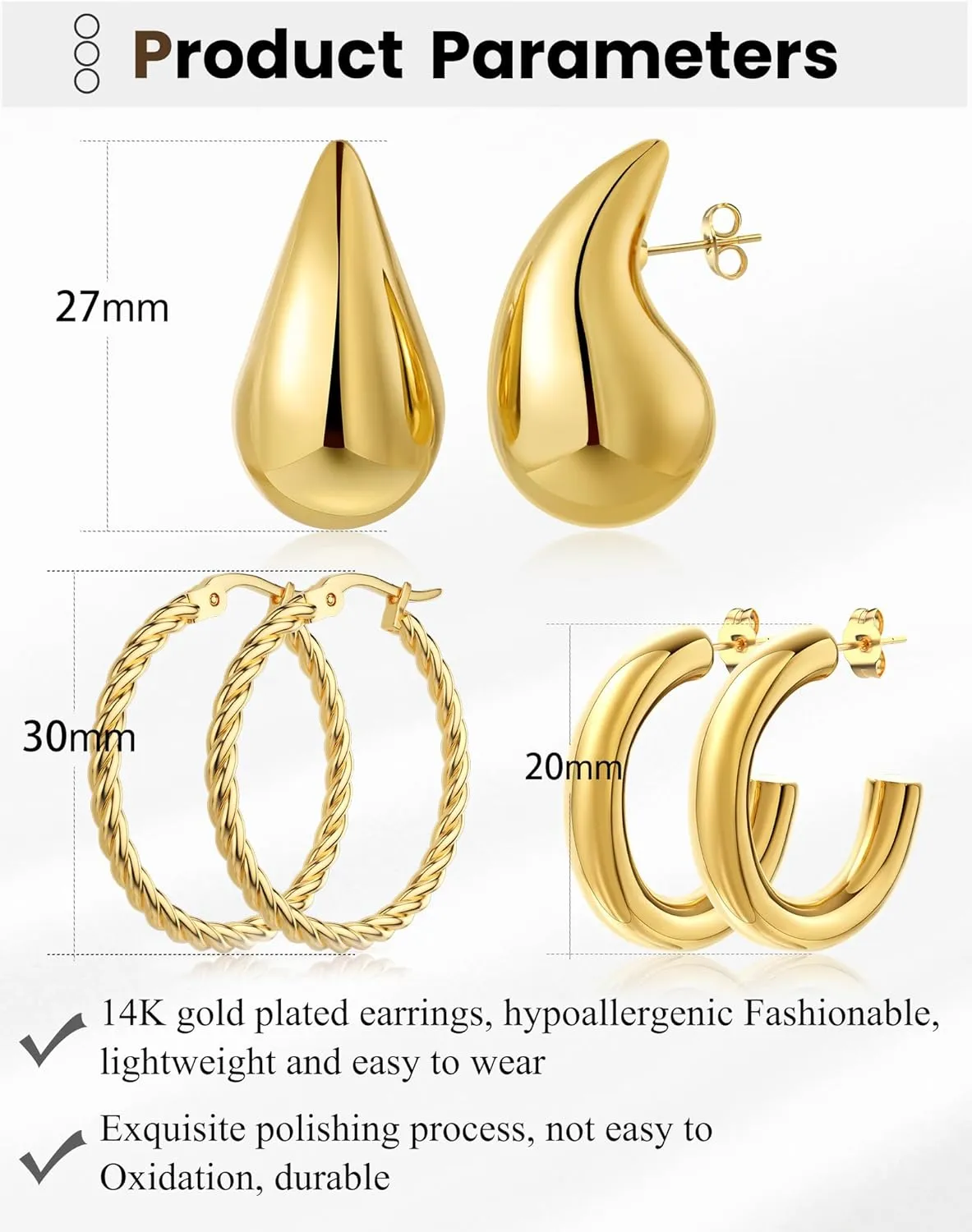 11 Pairs Women's Gold Hoop Earrings Set 18K Thick Gold Plated Twisted Hoop Earrings Women Gift Lightweight Gold