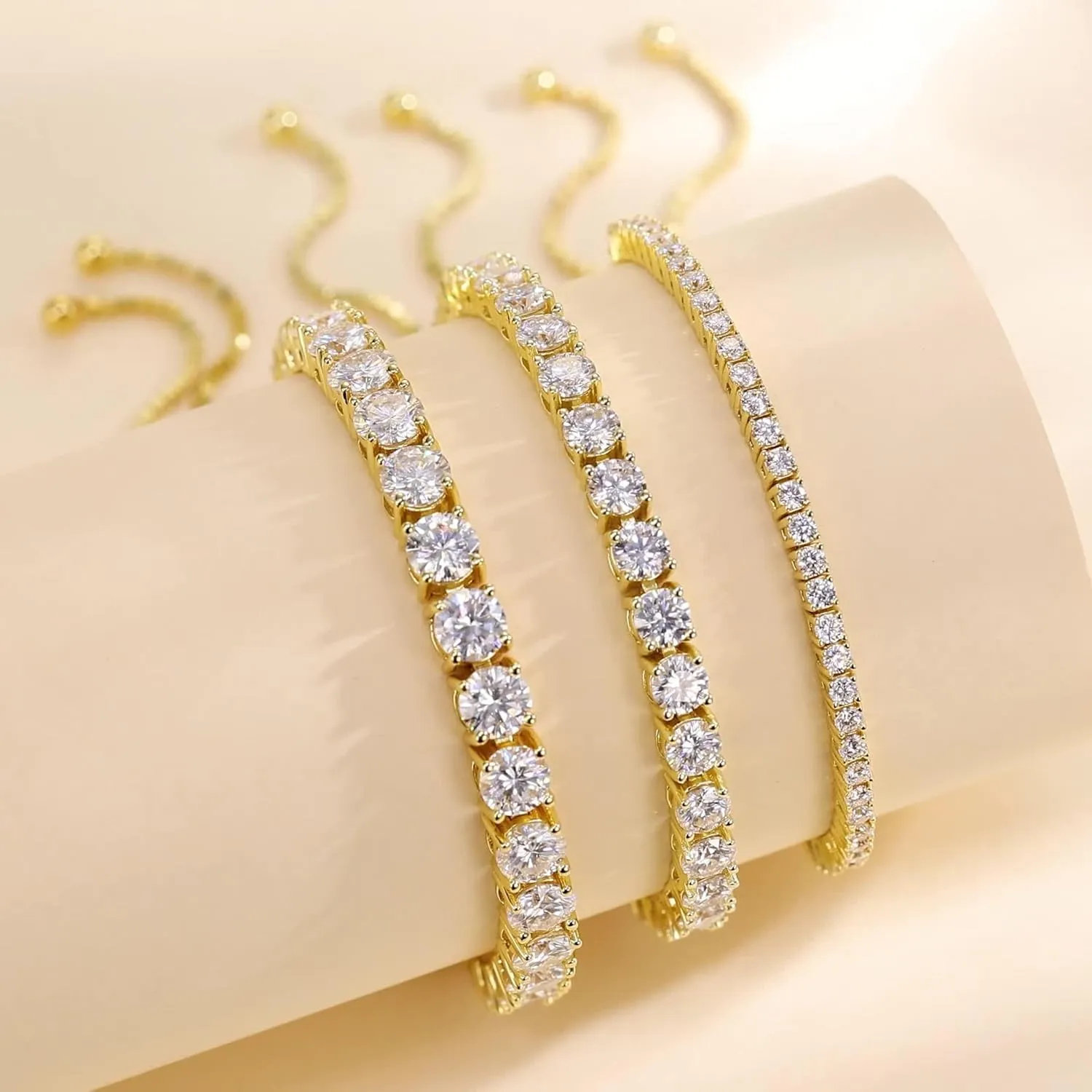 1.2-12 CTTW Moissanite Tennis Bracelet for Women, Adjustable 2-5mm D Color VVS1 Round Cut Moissanite Bolo Bracelet, 18K Gold Plated 925 Sterling Silver Simulated Diamond Bracelet Gifts for Women Her