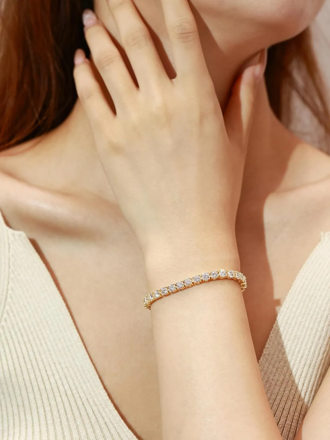 1.2-12 CTTW Moissanite Tennis Bracelet for Women, Adjustable 2-5mm D Color VVS1 Round Cut Moissanite Bolo Bracelet, 18K Gold Plated 925 Sterling Silver Simulated Diamond Bracelet Gifts for Women Her
