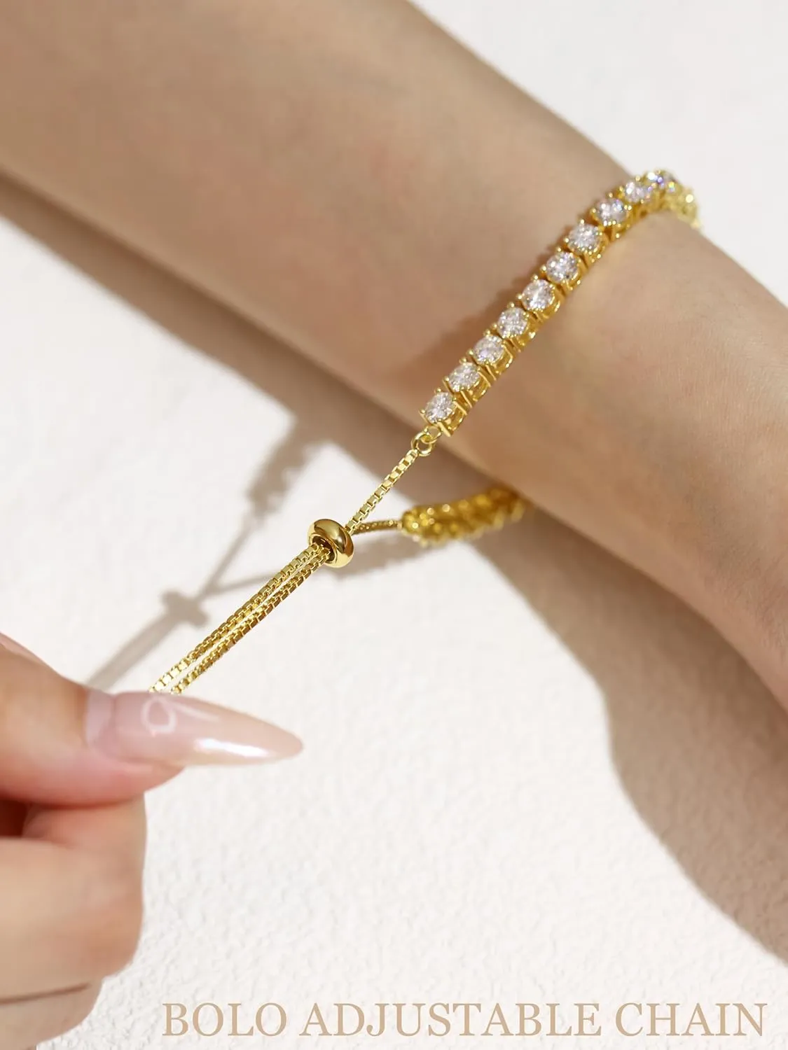 1.2-12 CTTW Moissanite Tennis Bracelet for Women, Adjustable 2-5mm D Color VVS1 Round Cut Moissanite Bolo Bracelet, 18K Gold Plated 925 Sterling Silver Simulated Diamond Bracelet Gifts for Women Her