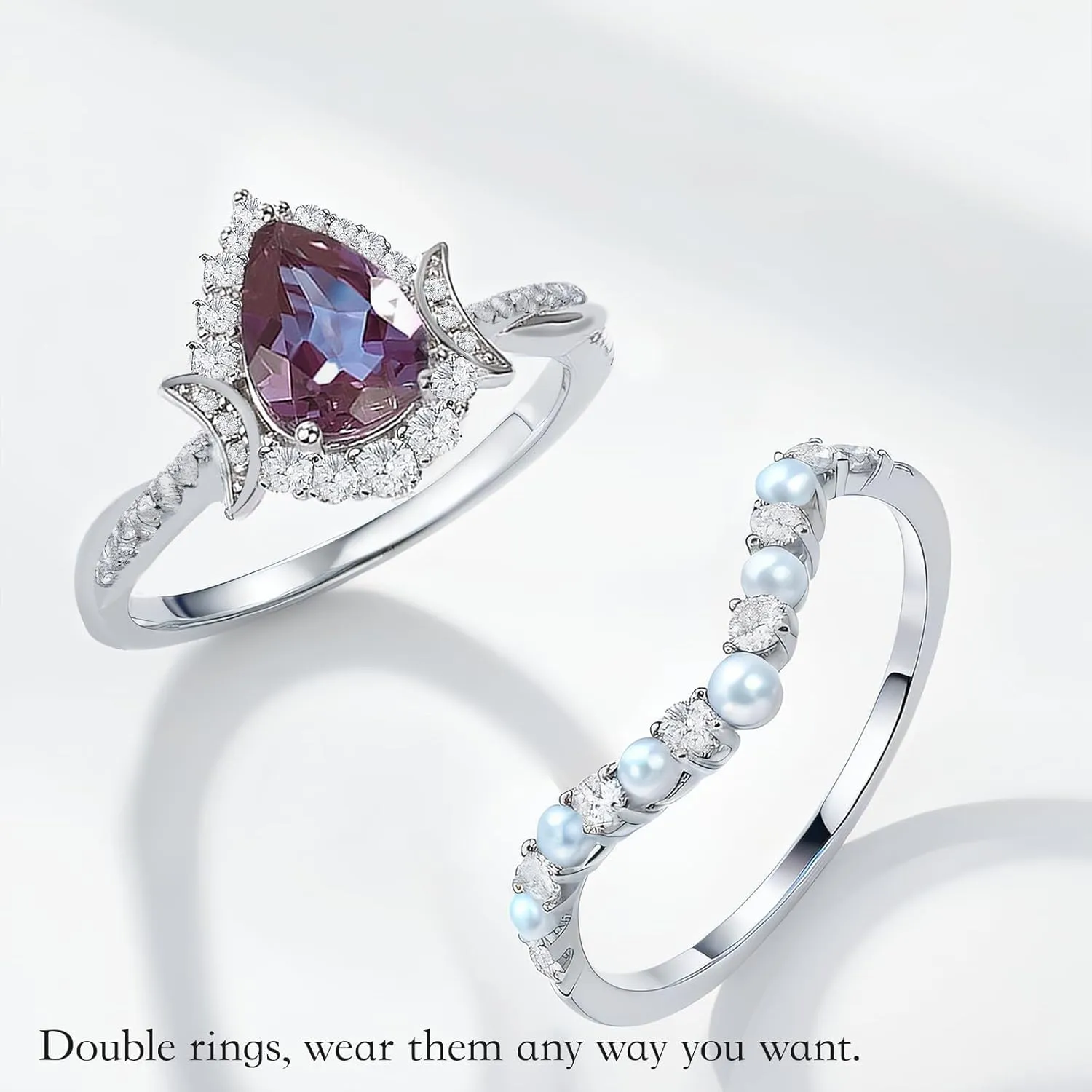 1.2CT Color Change Alexandrite Ring-925 Sterling Silver June Birthstone Pear Shape Halo Cocktail Statement Engagement Ring Set-Lab Created Alexandrite Rings for Women Birthday Jewelry