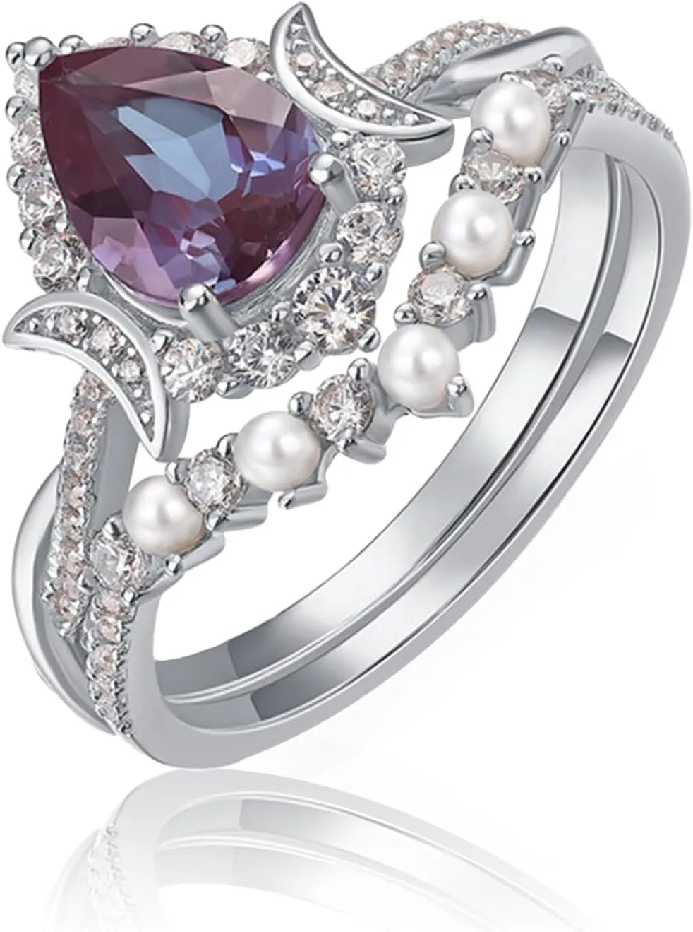 1.2CT Color Change Alexandrite Ring-925 Sterling Silver June Birthstone Pear Shape Halo Cocktail Statement Engagement Ring Set-Lab Created Alexandrite Rings for Women Birthday Jewelry