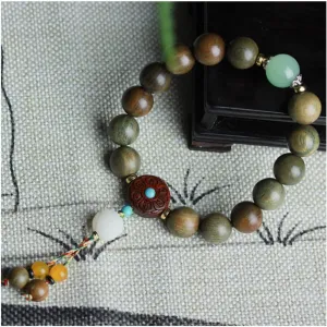 12Mm Green Sandalwood Beaded Bracelet Delicate Six-Character Mantra Amulet Bracelet Meditation Yoga Prayer Bracelet