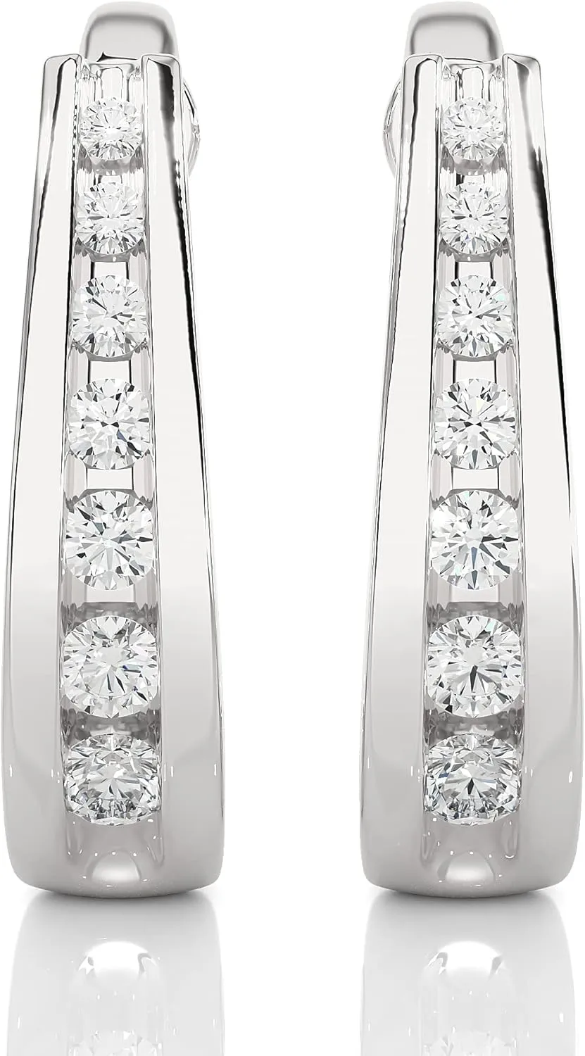 1/4 to 3/4 Carat Diamond Graduated J Hoop Earrings for Women in 14k White Gold (F-G, SI2-I1, cttw) Push Back by Privosa Fine Jewelry