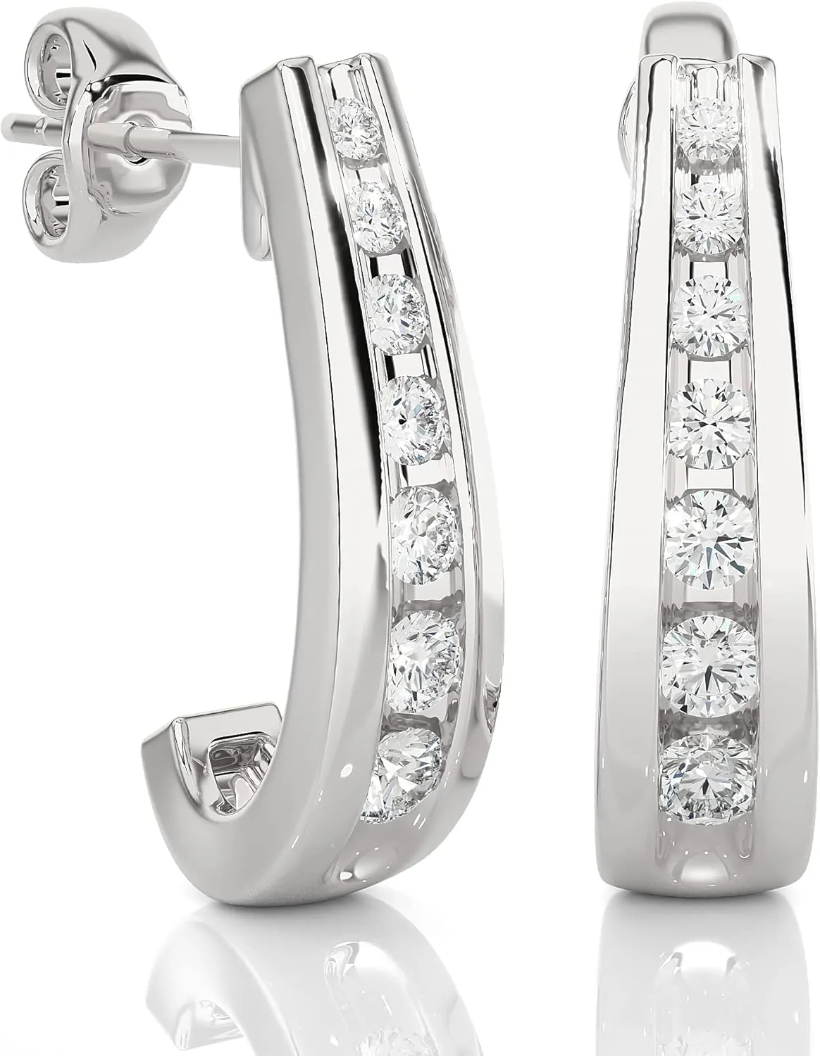 1/4 to 3/4 Carat Diamond Graduated J Hoop Earrings for Women in 14k White Gold (F-G, SI2-I1, cttw) Push Back by Privosa Fine Jewelry