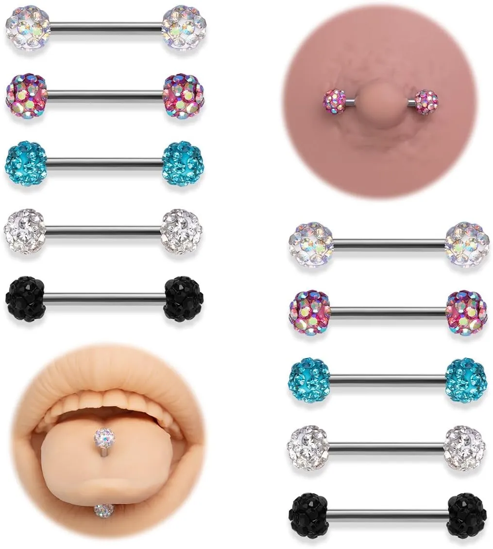 14G Disco Ball Nipple Rings Surgical Steel for Women Girls Shiny Nipplerings Tongue Rings Cartilage Tragus Earrings Straight Piercing Studs Barbell Body Piercing Jewelry