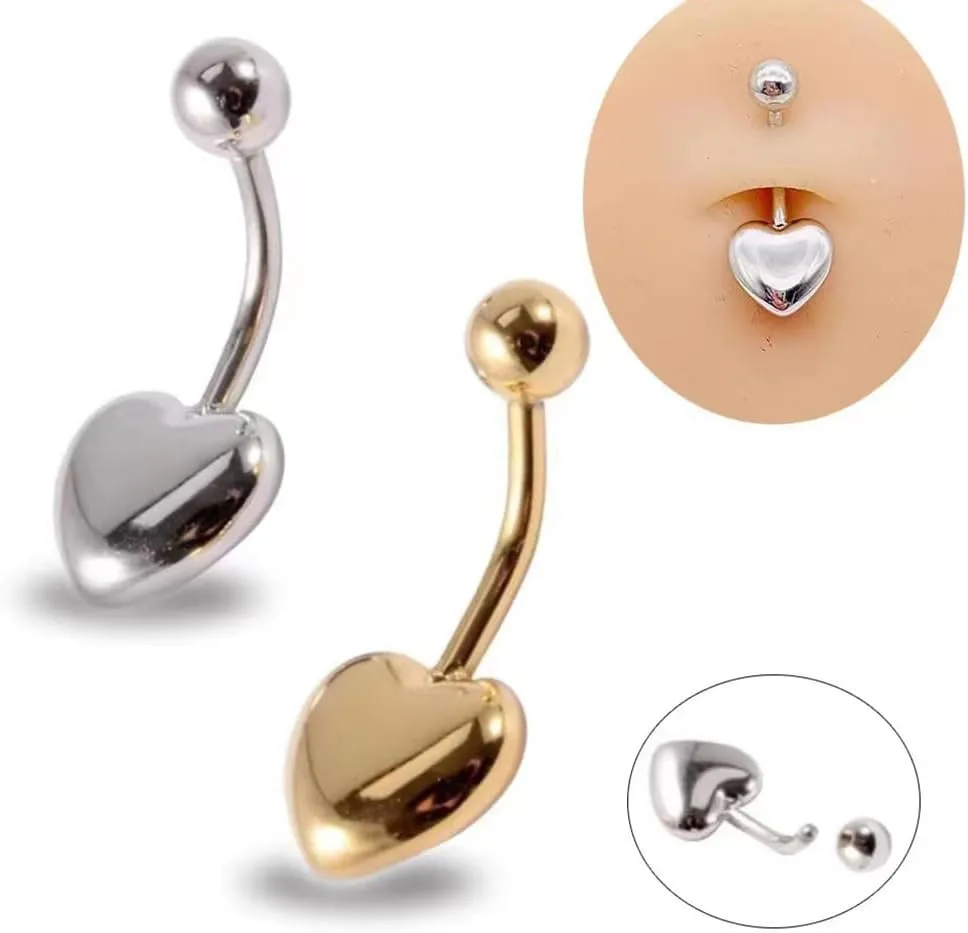 14G Heart Belly Button Ring for Women Surgical Steel Curved Bar Barbell Belly Navel Piercing Studs Minimalist Body Piercing Jewelry
