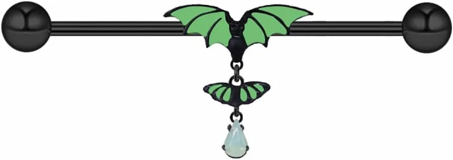 14G Luminous Green Bat Dangle Industrial Barbell Earrings for Women Men - 316L Stainless Steel Helix Conch Cartilage Bar 38mm - Halloween Piercing Jewelry