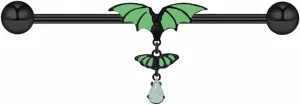 14G Luminous Green Bat Dangle Industrial Barbell Earrings for Women Men - 316L Stainless Steel Helix Conch Cartilage Bar 38mm - Halloween Piercing Jewelry
