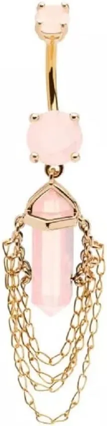 14GA 316L Stainless Steel Pink Crystal with 4 Tiered Dangling Chains Belly Button Ring