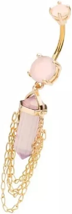 14GA 316L Stainless Steel Pink Crystal with 4 Tiered Dangling Chains Belly Button Ring