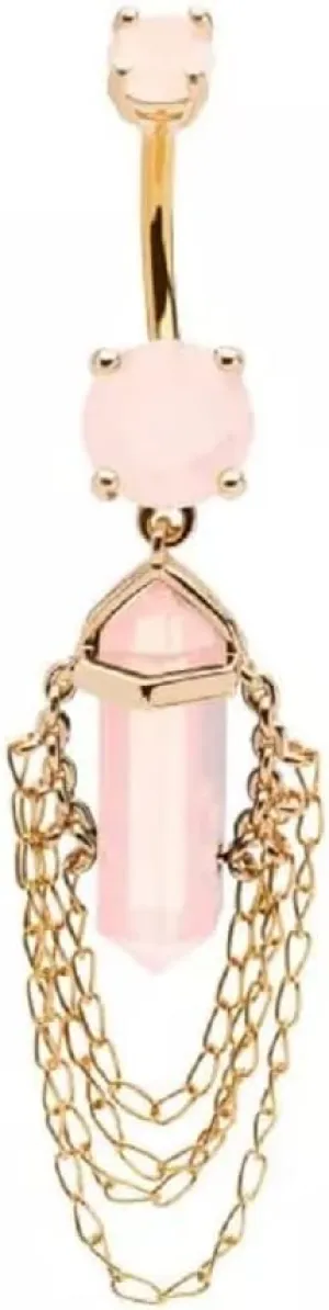 14GA 316L Stainless Steel Pink Crystal with 4 Tiered Dangling Chains Belly Button Ring