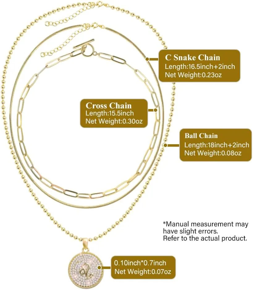14K Gold Layered Necklace for Women | Zodiac Constellation Pendant | Paperclip, Snake & Ball Chain Necklace | Trendy Statement Jewelry 12 Constellation