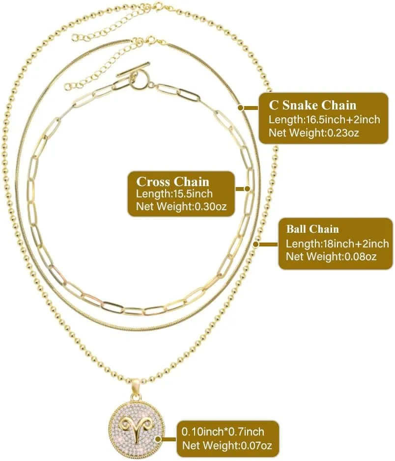 14K Gold Layered Necklace for Women | Zodiac Constellation Pendant | Paperclip, Snake & Ball Chain Necklace | Trendy Statement Jewelry 12 Constellation