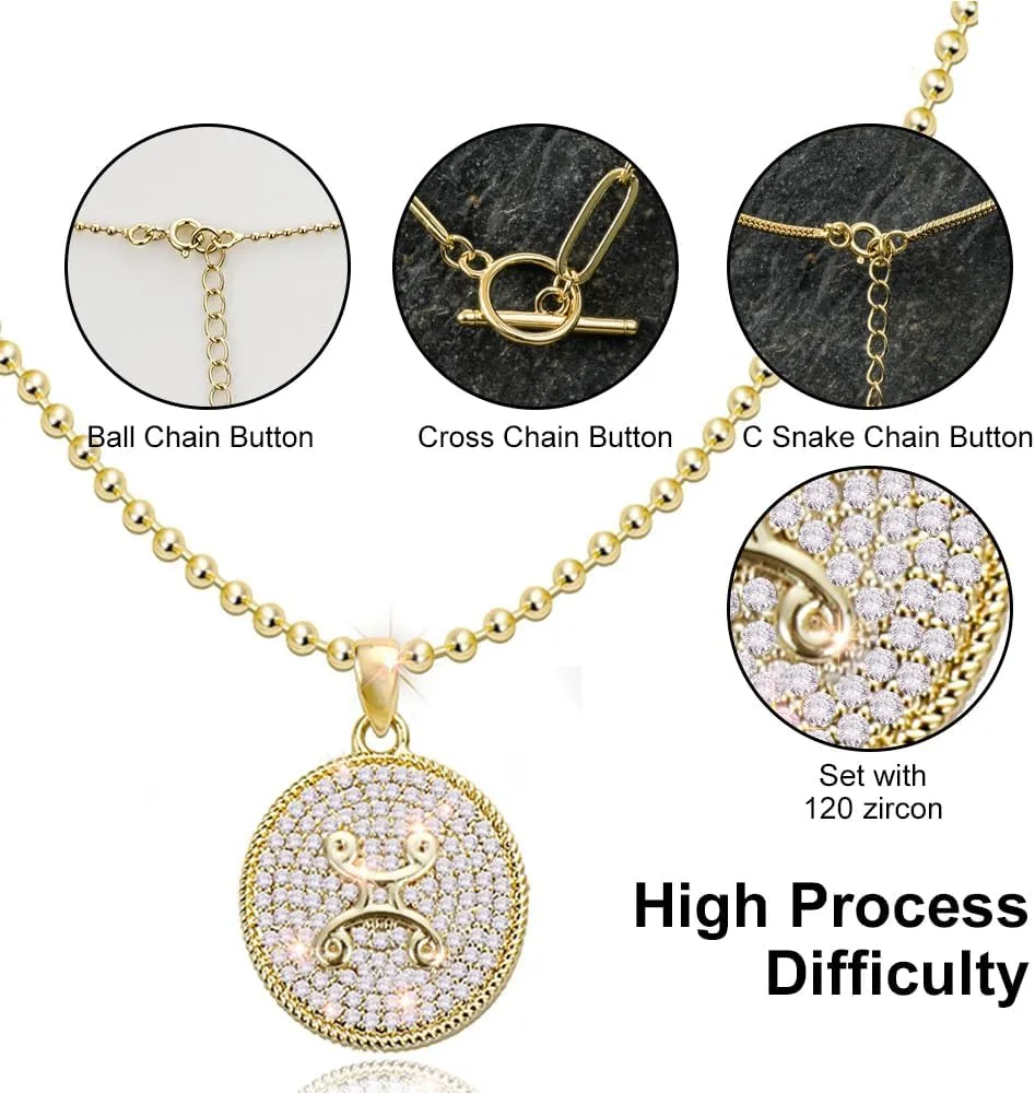 14K Gold Layered Necklace for Women | Zodiac Constellation Pendant | Paperclip, Snake & Ball Chain Necklace | Trendy Statement Jewelry 12 Constellation