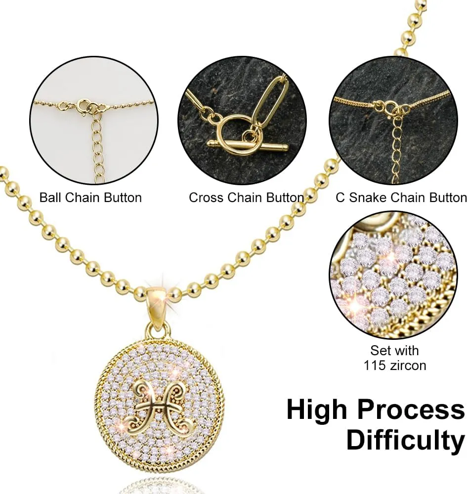 14K Gold Layered Necklace for Women | Zodiac Constellation Pendant | Paperclip, Snake & Ball Chain Necklace | Trendy Statement Jewelry 12 Constellation