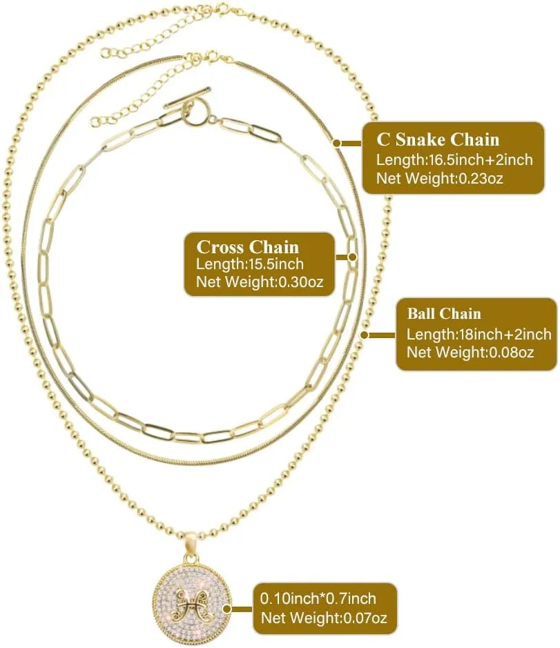 14K Gold Layered Necklace for Women | Zodiac Constellation Pendant | Paperclip, Snake & Ball Chain Necklace | Trendy Statement Jewelry 12 Constellation