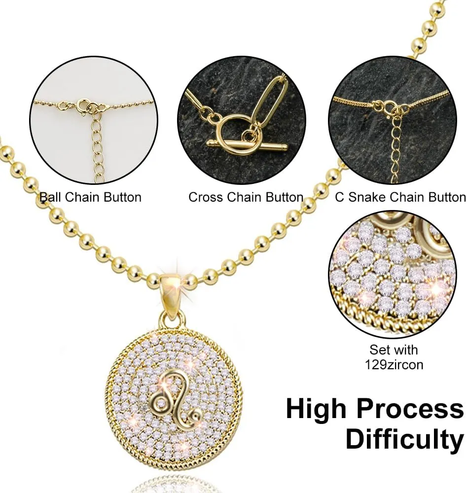 14K Gold Layered Necklace for Women | Zodiac Constellation Pendant | Paperclip, Snake & Ball Chain Necklace | Trendy Statement Jewelry 12 Constellation