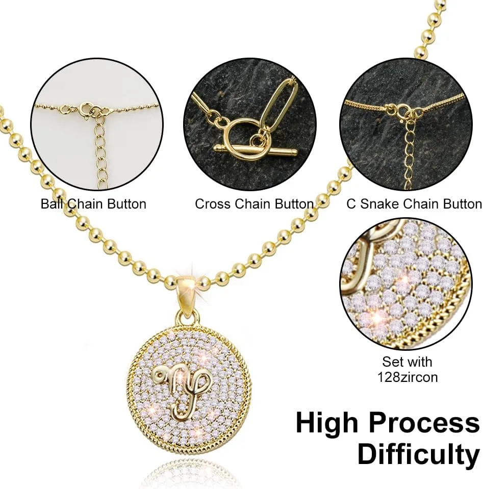 14K Gold Layered Necklace for Women | Zodiac Constellation Pendant | Paperclip, Snake & Ball Chain Necklace | Trendy Statement Jewelry 12 Constellation