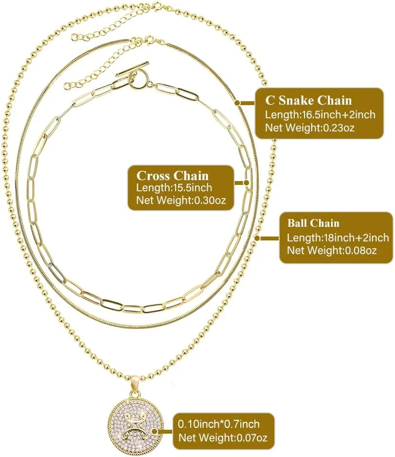14K Gold Layered Necklace for Women | Zodiac Constellation Pendant | Paperclip, Snake & Ball Chain Necklace | Trendy Statement Jewelry 12 Constellation