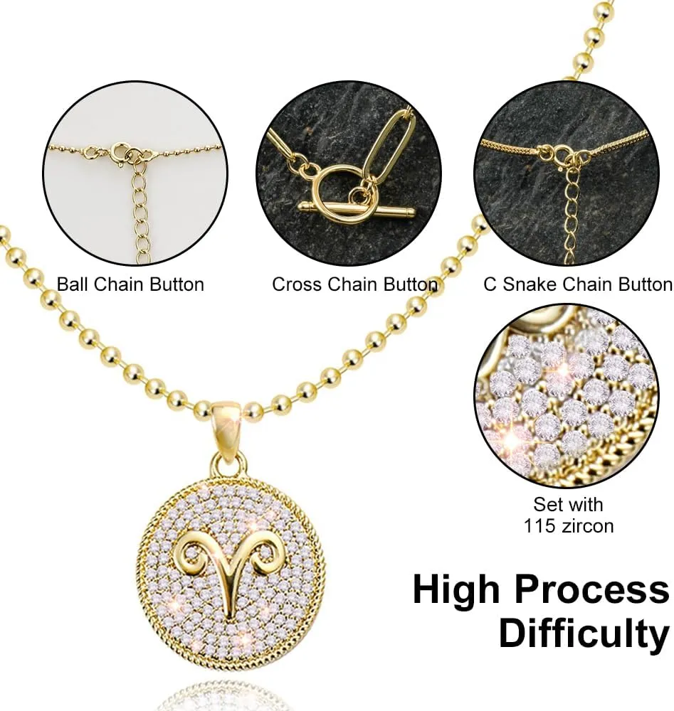 14K Gold Layered Necklace for Women | Zodiac Constellation Pendant | Paperclip, Snake & Ball Chain Necklace | Trendy Statement Jewelry 12 Constellation