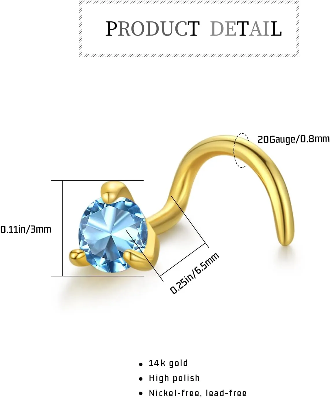 14K Gold Nose Ring Studs for Women Nose Ring Piercing Real Diamond Nose Stud Screw Nose Rings 20 Gauge Hypoallergenic Corkscrew Nose Rings Piercing Jewelry Gifts