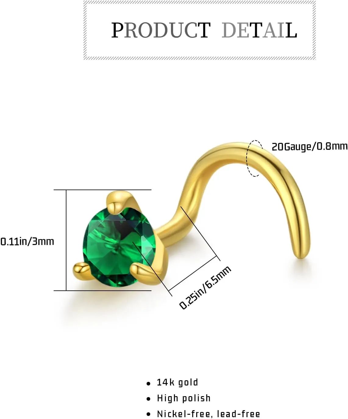 14K Gold Nose Ring Studs for Women Nose Ring Piercing Real Diamond Nose Stud Screw Nose Rings 20 Gauge Hypoallergenic Corkscrew Nose Rings Piercing Jewelry Gifts