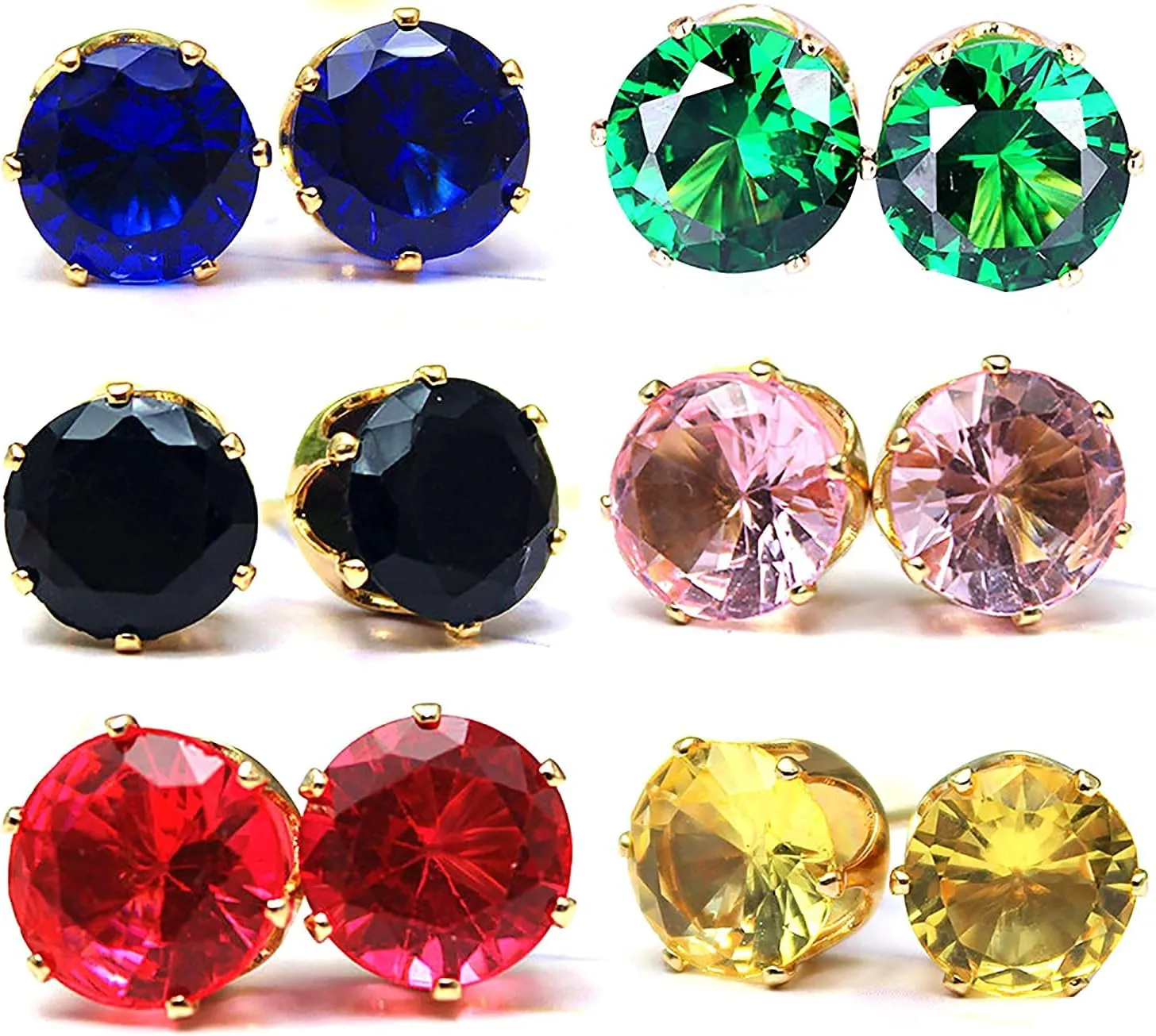 14K Gold Plated Birthstone Stud Earrings Set  Hypoallergenic Stainless Steel, 6mm Cubic Zirconia, 6 Pairs for Women & Girls