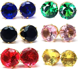 14K Gold Plated Birthstone Stud Earrings Set  Hypoallergenic Stainless Steel, 6mm Cubic Zirconia, 6 Pairs for Women & Girls